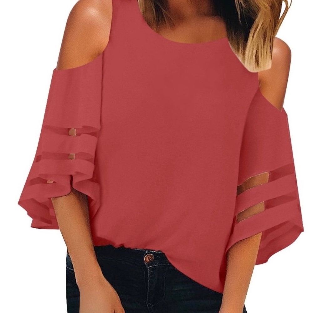 Vetinee Women’s Summer Cold Shoulder top 3/4 flared mesh sleeve cranberry 2XL